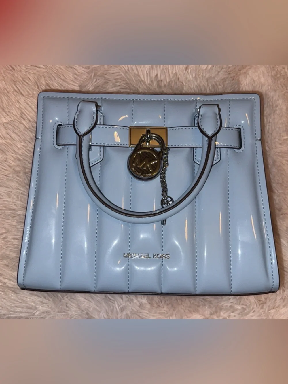 Michael Kors Patent Quilted Satchel in Pale Blue with Gold Hardware